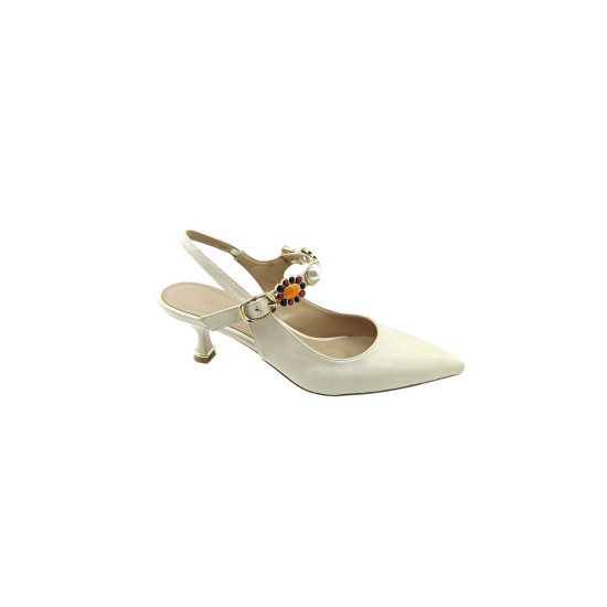DHN Kadın Bej Klasik Topuklu Arkası Açık Baretli Taş Detaylı Ayakkabı  