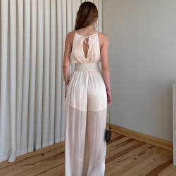 Pudra Halter Yaka Çiçek Kemerli Parlak Kumaş Tulum