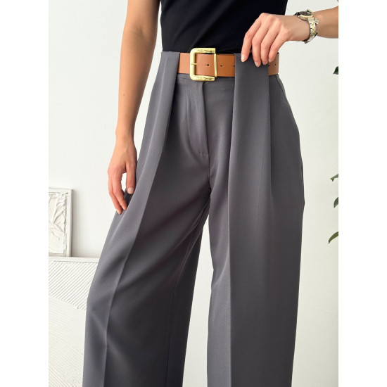 Kadın Double Pile Kemerli Gri Palazzo Kumaş Pantalon