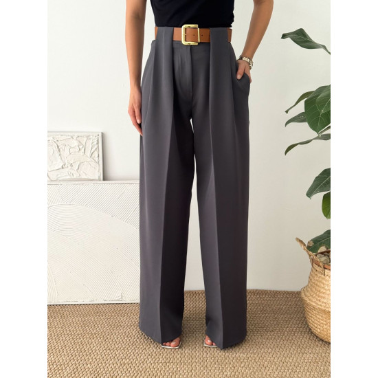 Kadın Double Pile Kemerli Gri Palazzo Kumaş Pantalon