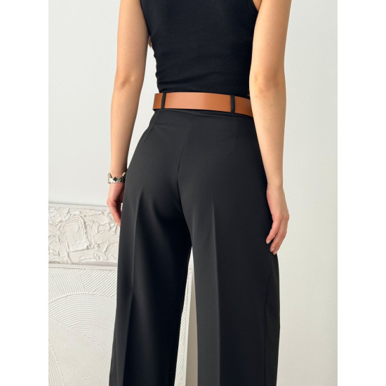 Kadın Double Pile Kemerli Siyah Palazzo Kumaş Pantalon