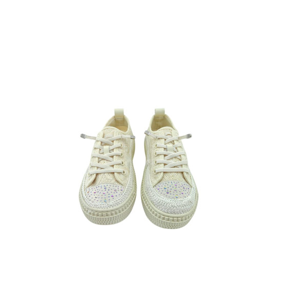  DHN Kadın Bej Taş Detaylı Dantel Dokulu Bağcıklı Sneaker Spor Ayakkabı