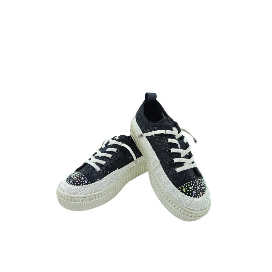  DHN Kadın Siyah Taş Detaylı Dantel Dokulu Bağcıklı Sneaker Spor Ayakkabı