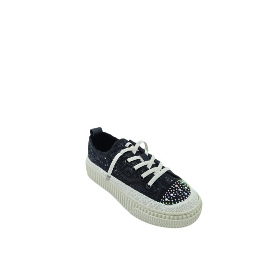  DHN Kadın Siyah Taş Detaylı Dantel Dokulu Bağcıklı Sneaker Spor Ayakkabı
