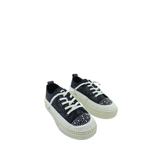  DHN Kadın Siyah Taş Detaylı Dantel Dokulu Bağcıklı Sneaker Spor Ayakkabı