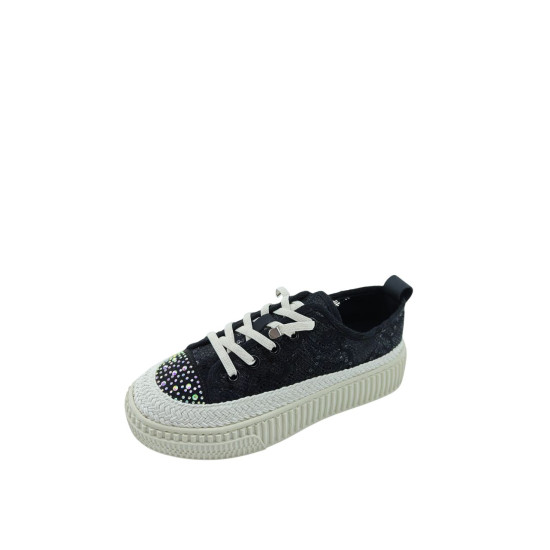  DHN Kadın Siyah Taş Detaylı Dantel Dokulu Bağcıklı Sneaker Spor Ayakkabı