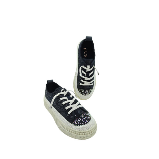  DHN Kadın Siyah Taş Detaylı Dantel Dokulu Bağcıklı Sneaker Spor Ayakkabı