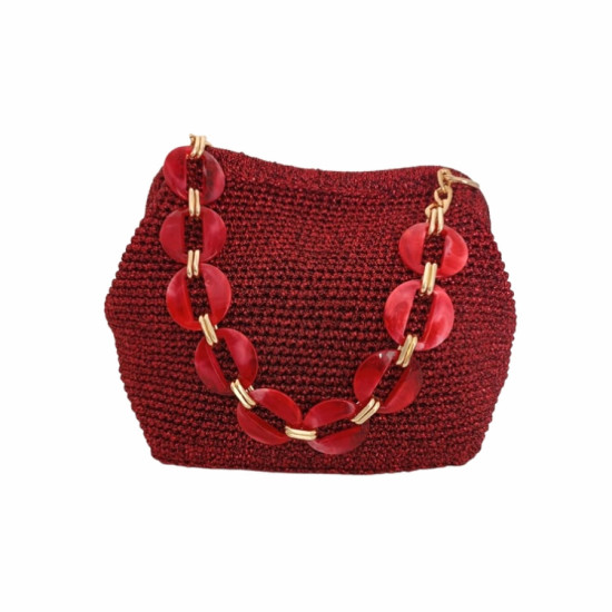DHN Tasarım Hand Made Kımızı Sim Makrome İp Örme Kol Çanta  